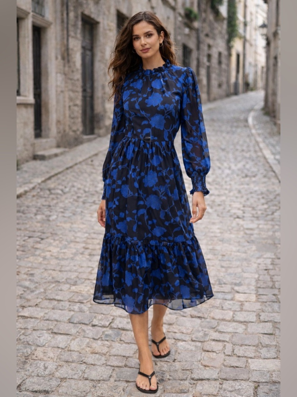 NEW! Magnetic Blue Floral Midi Dress Tiered Smocked Sleeve Size Medium